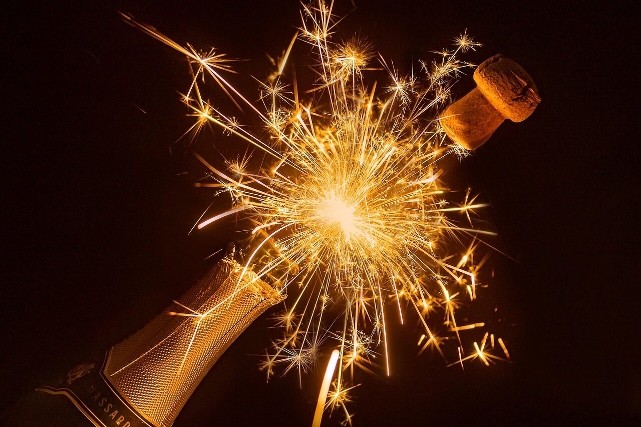 new year's eve, champagne, sparklers, cork, sparkling wine, bottle, champagne bottle, champagne cork, glow, glowing, sparkling, bottle of sparkling wine, celebration, happy birthday, sparkle, light